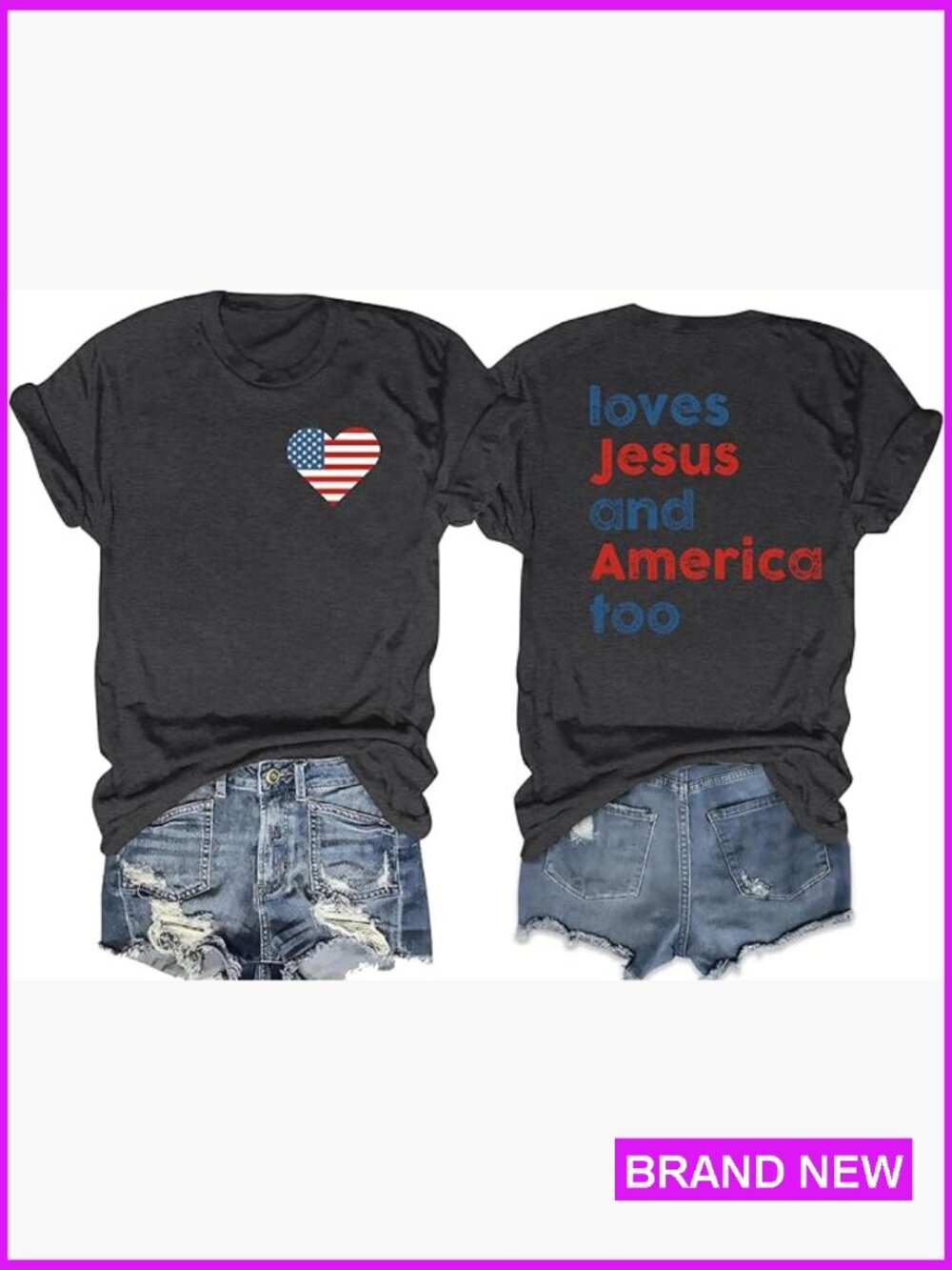 Patriotic T-Shirt Loose Fit Crew Neck Short Sleeve Faith and Country Graphic